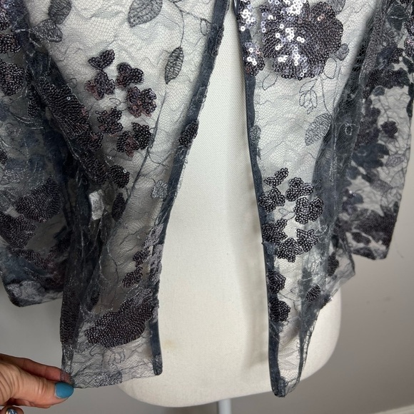 Marina Gray Lace Sequin Embroidered Zip Back Blouse - Picture 5 of 8